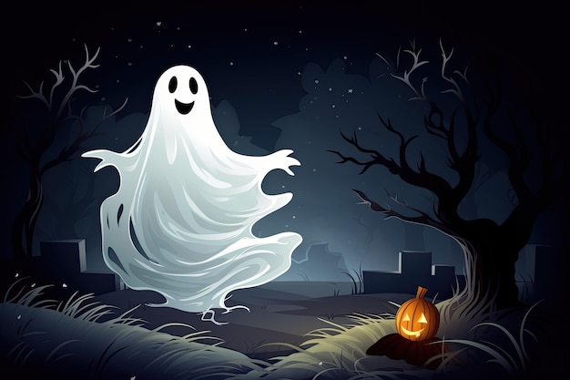 ilustração de fantasma de Halloween bonito dos desenhos animados na floresta à noite lá fora