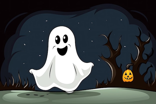 ilustração de fantasma de Halloween bonito dos desenhos animados na floresta à noite lá fora