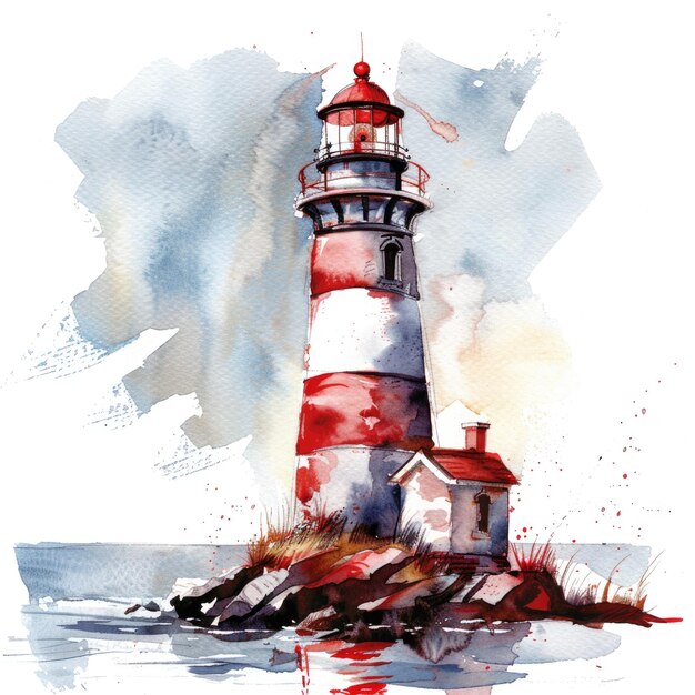 Ilustração de farol a aquarela Arte desenhada à mão para cartões e viagens com temas de mar e oceano