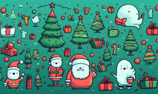 ilustração de feliz natal estilo doodle ilustração vetorial com papai noel e objetos de natal