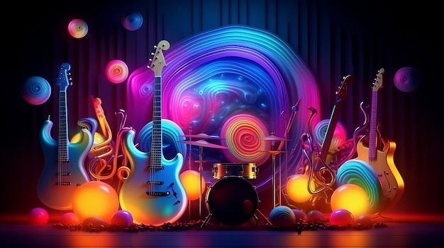 Ilustração de ferramentas musicais vibrantes com bateria de guitarras e luzes de neon ao fundo