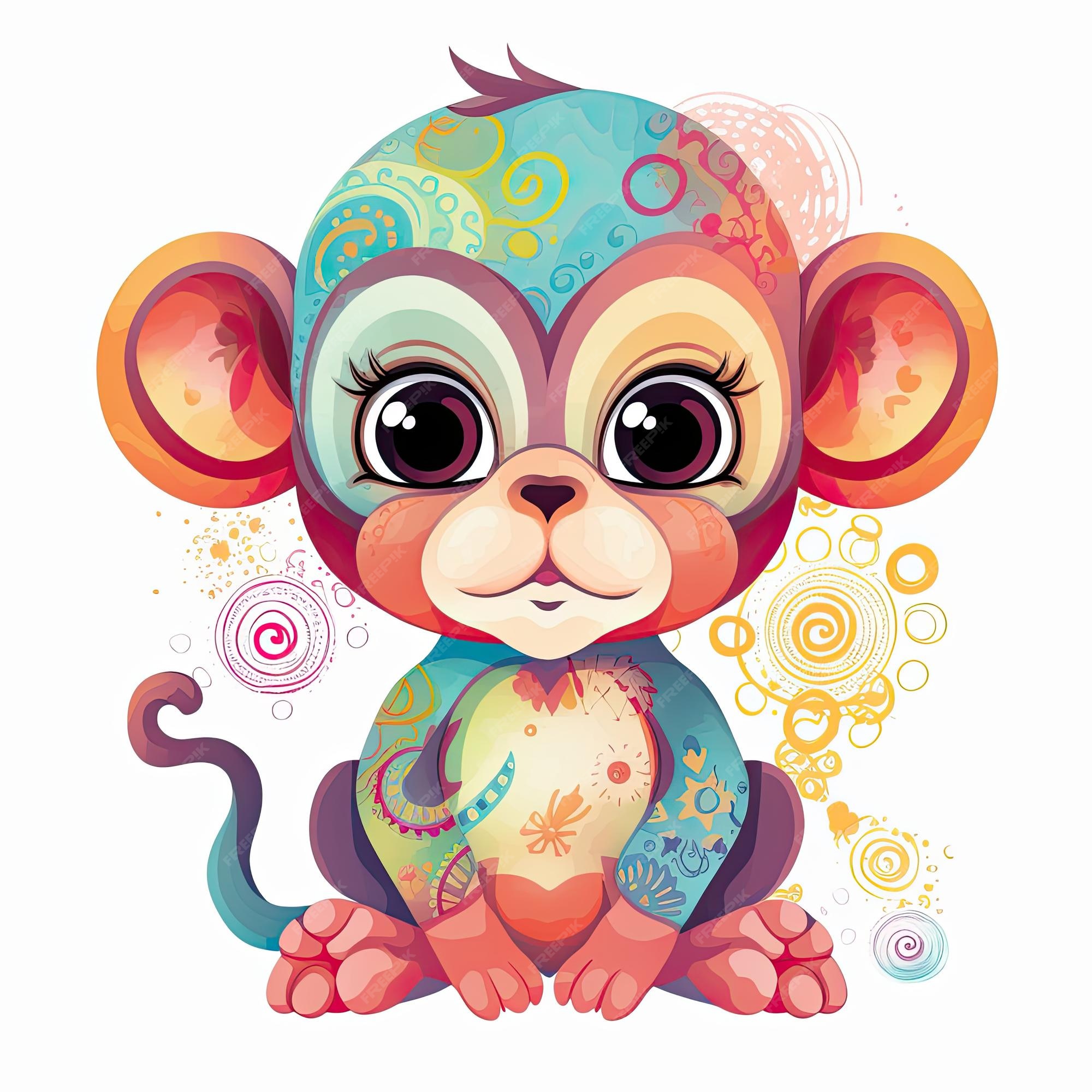 Ilustração de pacote de filhote de macaco lúdico para crianças ilustração  de macaco bebê fofo com flores desenhos de filhote de macaco com olhos  fofos e pêlo colorido para páginas para colorir