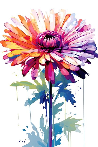 Ilustração de flor aster em aquarela com flor de pincel de pintura a óleo de esquema de cores vibrante