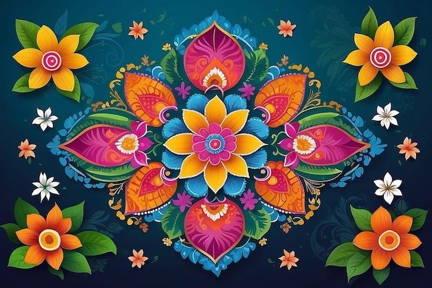 Foto ilustração de flor colorida pooklam design rangoli em fundo de celebração