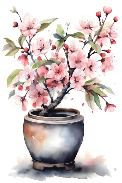 Ilustração de flor de cerejeira em aquarela para IA generativa de decoração de casa natural e pacífica