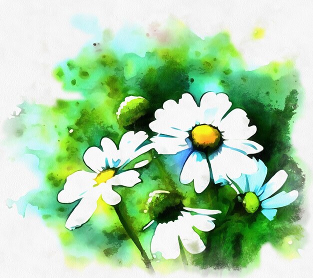 Ilustração de flor de margarida de camomila em estilo de pintura em aquarela em tela de papel AI generativa