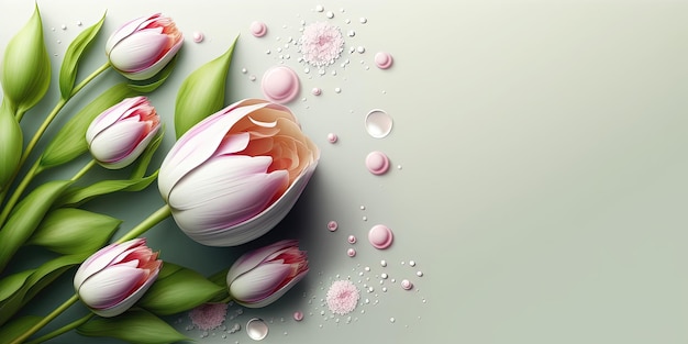 Ilustração de flor natural realista de uma tulipa florescendo e folhas