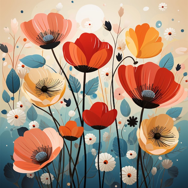 Ilustração de flores bonitas e bonitas com Vintage e Bauhaus Color Style Generative AI