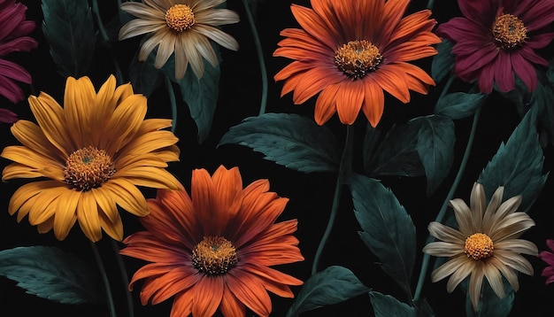 Foto ilustração de flores coloridas em um fundo escuro