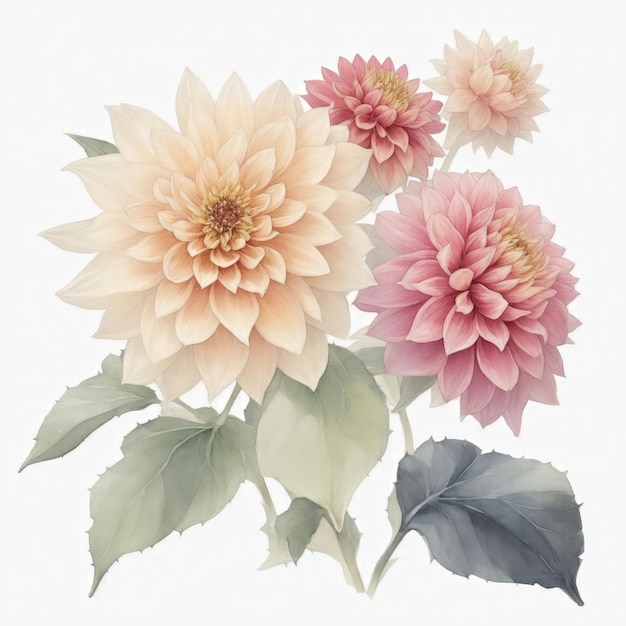 Ilustração de flores Dália no estilo de aquarela em um fundo branco