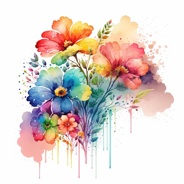 Ilustração de flores de arco-íris em aquarela isolada em fundo branco Flores silvestres coloridas