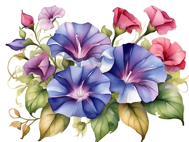 Ilustração de flores de glória matinal em aquarela