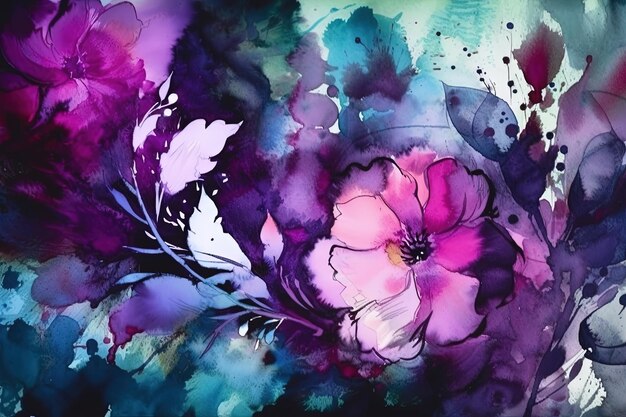 Ilustração de flores roxas contra um fundo azul em uma pintura criada com a tecnologia Generative AI