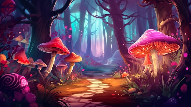 Ilustração de floresta mágica de fundo abstrato dentro de um design de banner mostrando a beleza etérea de uma floresta mágica aprimorada por cores de néon vibrantes Generative AI
