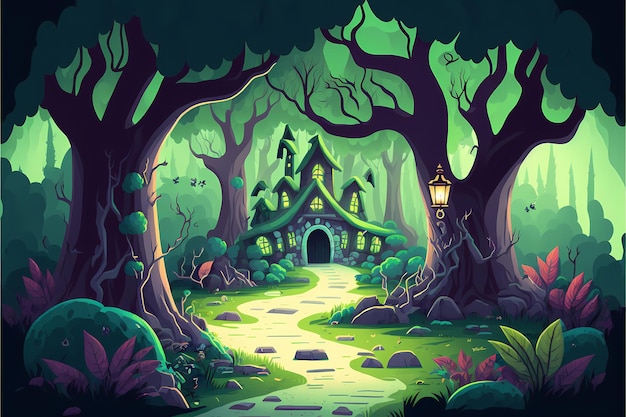 Ilustração de floresta mística de fundo, paisagem de estilo cartoon, fundo de natureza infinita