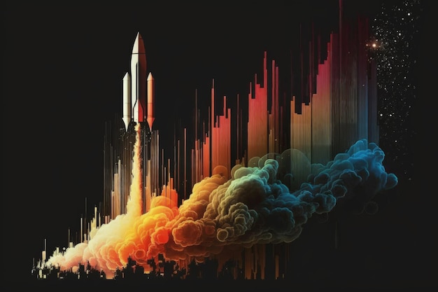 Foto ilustração de foguete com fundo de gráfico de barras ia generativa