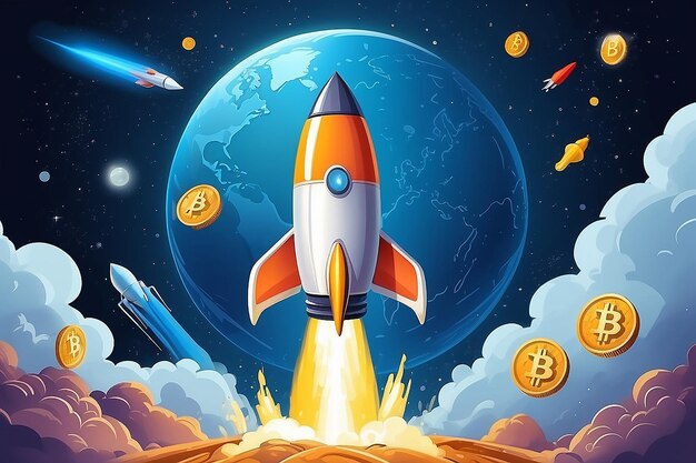 Foto ilustração de foguete e espaço de cópia para negócios iniciais e publicidade de bitcoins