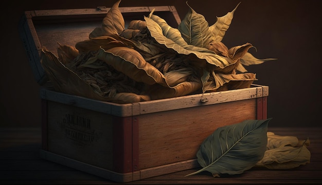 ilustração de folhas de tabaco em uma caixa de madeira generative ai