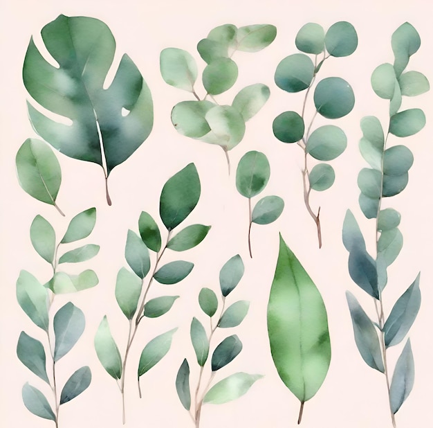 Ilustração de folhas verdes em aquarela