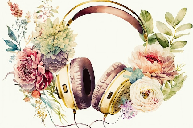 Ilustração de fones de ouvido com flores e plantas