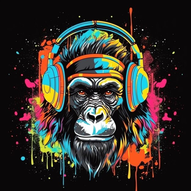 Ilustração de fones de ouvido de macaco pintados em fundo colorido