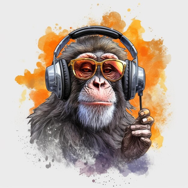 Ilustração de fones de ouvido de macaco pintados em fundo colorido