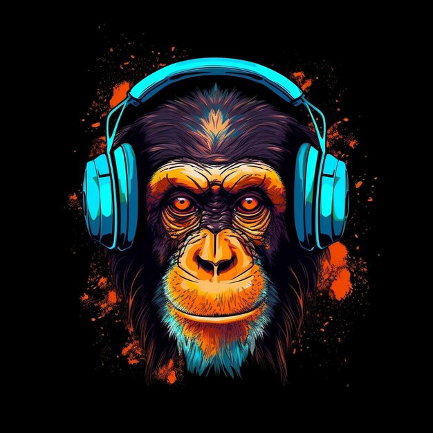 Ilustração de fones de ouvido de macaco pintados em fundo colorido