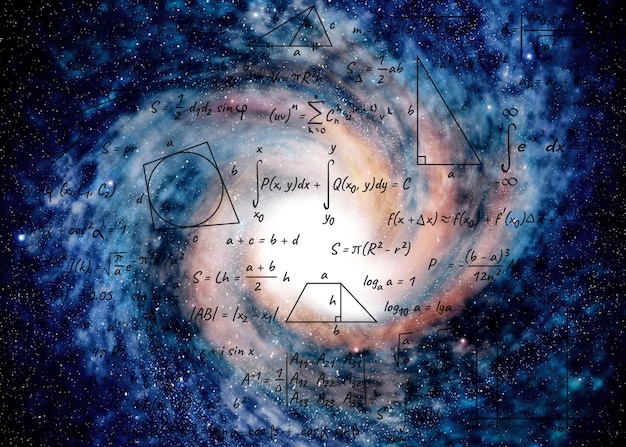 Ilustração de fórmulas básicas de física e matemática e galáxia no universo