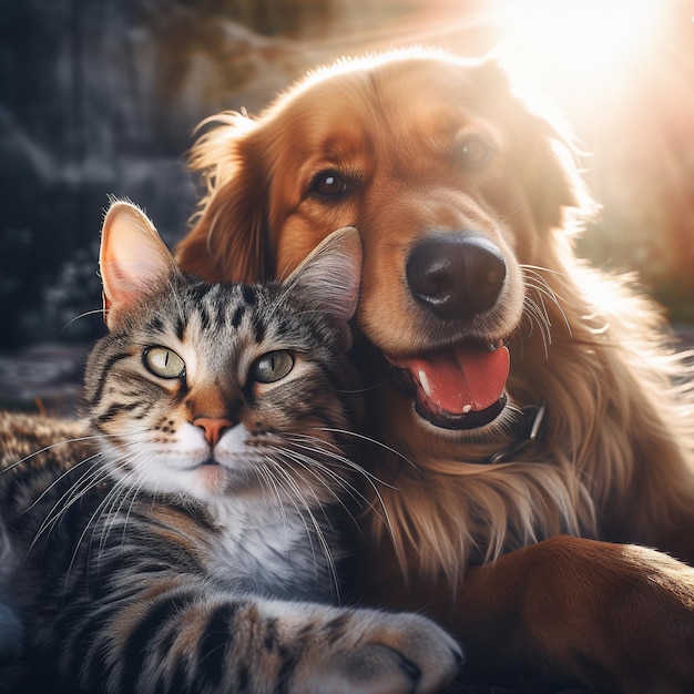 ilustração de foto em close-up de cão e gato felizes detalhe de amor