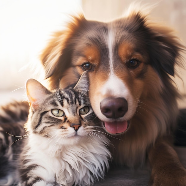 ilustração de foto em close-up de cão e gato felizes detalhe de amor