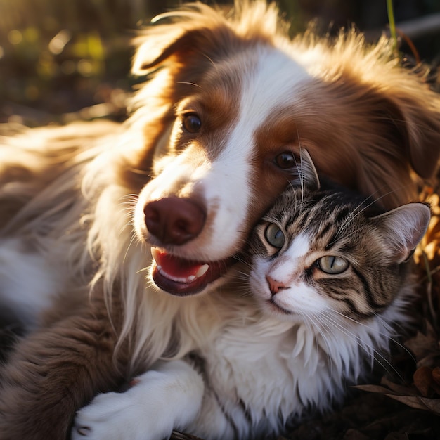 Foto ilustração de foto em close-up de cão e gato felizes detalhe de amor