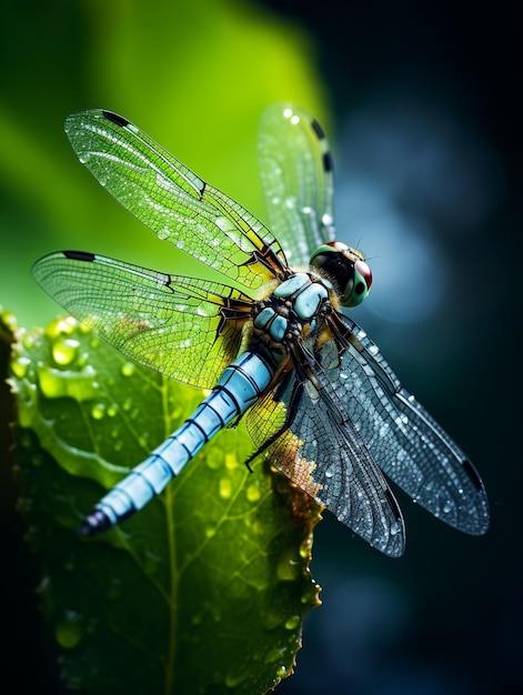 Ilustração de foto em close-up de libélula Detalhe Bokeh fundo