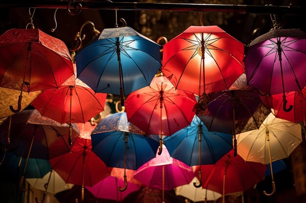 Ilustração de Foto em close-up de mubrella pendurado na loja Generative ai