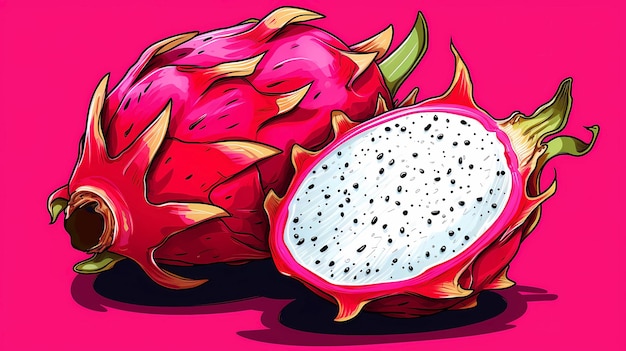 Foto ilustração de frutas de dragão frescas desenhadas à mão