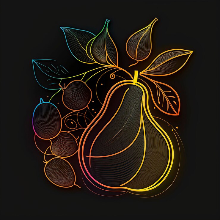 Foto ilustração de frutas e fundo preto com luz de néon generativa ai