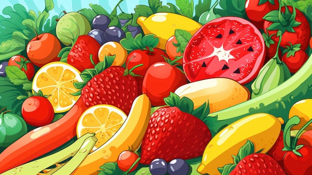 Foto ilustração de frutas e legumes de verão de fundo