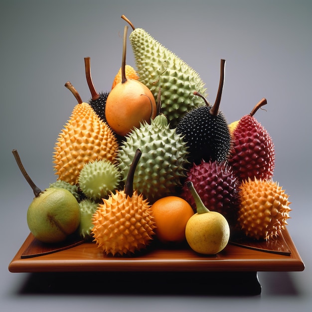 Ilustração de frutas exóticas dispostas em uma bandeja de madeira the frui