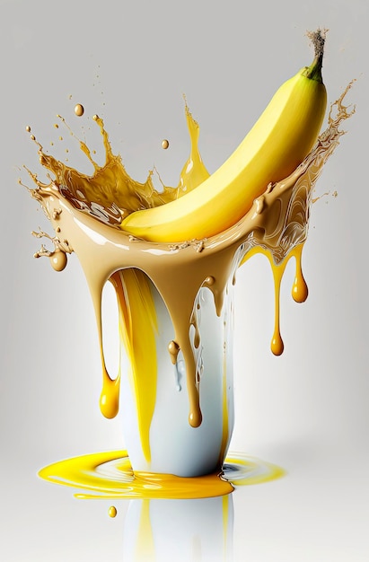 Ilustração de fundo AI generativa de banana derretendo flutuando no ar devido ao efeito do calor no verão com fundos coloridos