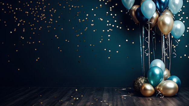 Ilustração de fundo azul escuro do ano novo com acessórios de dispersão de balões e estrelas