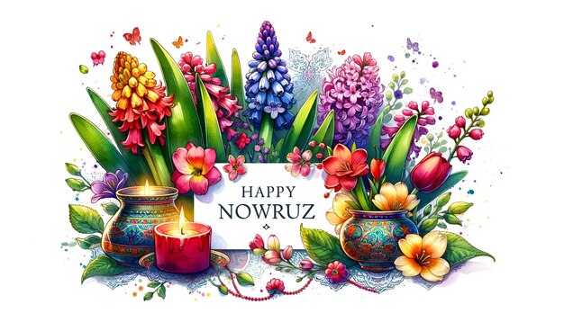 Foto ilustração de fundo de aquarela happy nowruz com flores coloridas