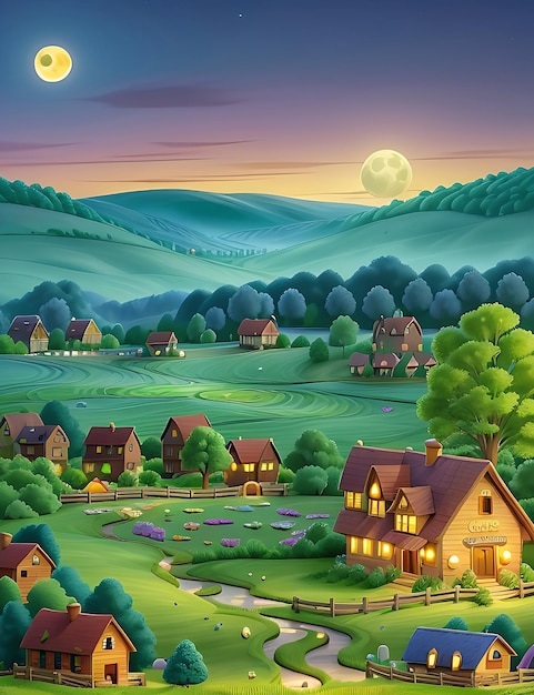 Ilustração de fundo de desenho animado de aldeia com casa de campo de estilo antigo, árvores, poços, estradas estreitas, montanhas
