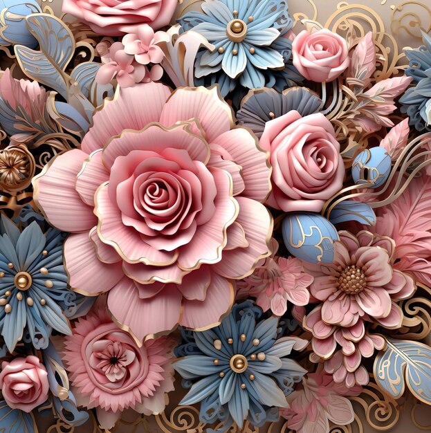 Foto ilustração de fundo de design 3d de flor azul e rosa