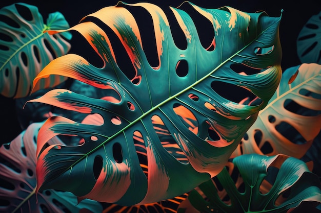 Ilustração de fundo de folha de monstera tropical de néon ai generative