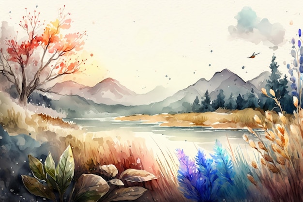 Ilustração de fundo de natureza aquarela pintada à mão AI Generative