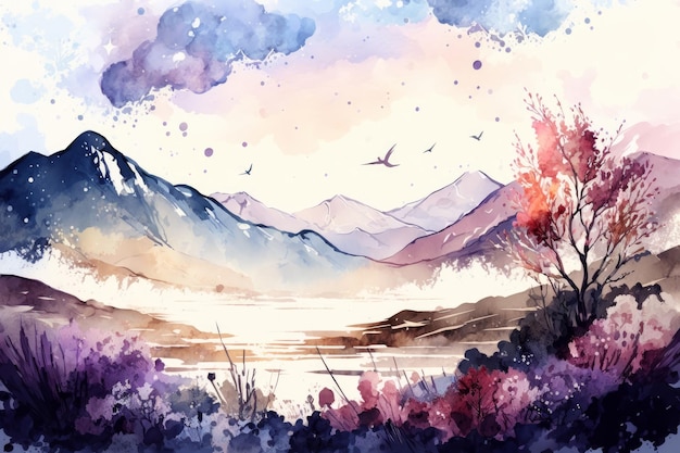 Ilustração de fundo de natureza aquarela pintada à mão AI Generative