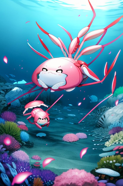 Ilustração de fundo de papel de parede de vida marinha de caranguejo rosa subaquático