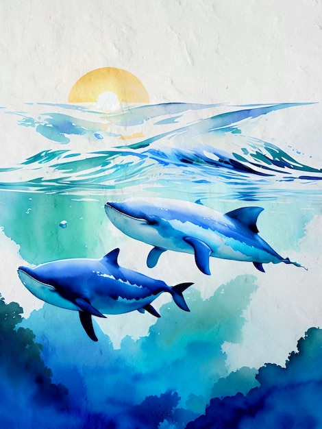 Ilustração de fundo de reprodução artística de pintura de baleia em aquarela