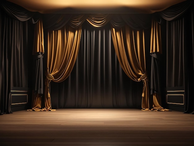 Ilustração de fundo de sala vazia em 3d Palco de teatro com design de cortinas de veludo dourado preto