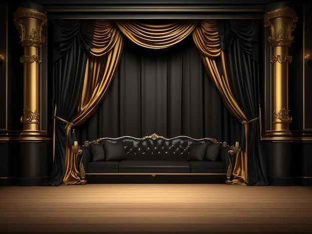 Foto ilustração de fundo de sala vazia em 3d palco de teatro com design de cortinas de veludo dourado preto