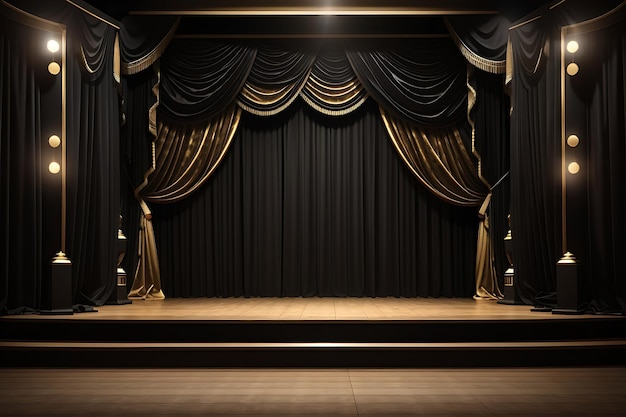 Ilustração de fundo de sala vazia em 3d Palco de teatro com design de cortinas de veludo dourado preto